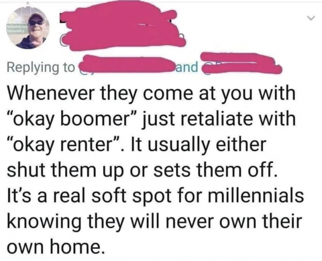 A screenshot of a tweet advising to respond to "okay boomer" with "okay renter" to silence or unsettle millennials, as many of them face difficulties owning homes. The usernames and profile pictures are redacted.