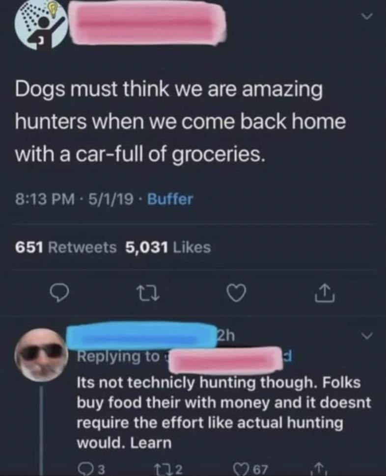 A tweet humorously saying "Dogs must think we are amazing hunters when we come back home with a car-full of groceries." The reply states, "It's not technically hunting though. Folks buy food with their money and it doesn't require the effort like actual hunting would. Learn.