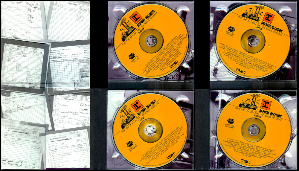 An image showing four views of a CD cover. The left side displays handwritten notes and forms with signatures, while the right side shows the front and back of two identical orange CDs, each with the same record label information and logo on them.