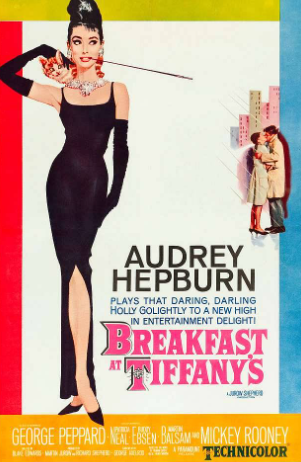 Poster for the movie "Breakfast at Tiffany's" featuring Audrey Hepburn in a black dress, black gloves, and a pearl necklace. She holds a cigarette holder. On the right, a small image shows a romantic scene between a man and a woman embracing and kissing.