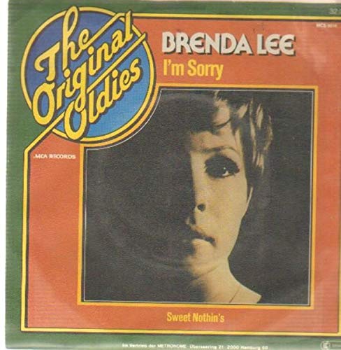 Cover art for Brenda Lee's single "I'm Sorry" from The Original Oldies series. The image shows a close-up of Brenda Lee's face on a green background with yellow and red accents. Text includes "Brenda Lee," "I'm Sorry," "The Original Oldies," and "Sweet Nothin's.