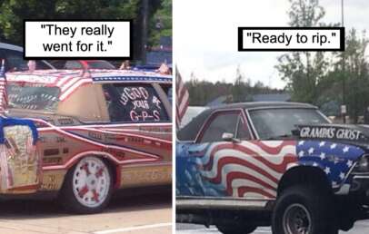 Side-by-side images of two cars with intense American flag-themed customizations and humorous text captions. The left car is heavily decorated with patriotic stickers and objects, captioned "They really went for it." The right car, lifted and less cluttered, is captioned "Ready to rip.