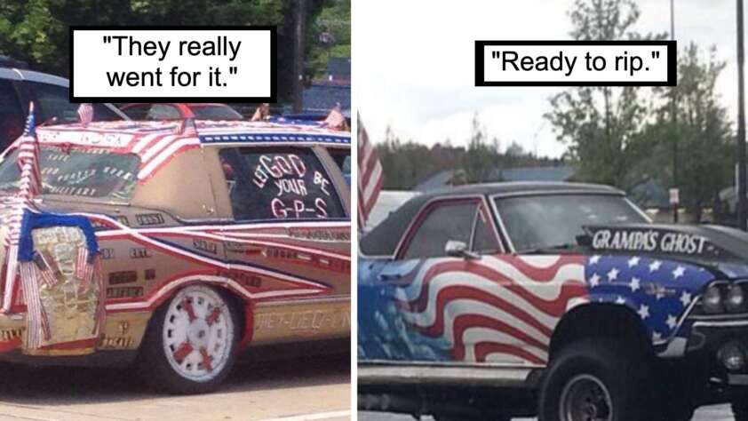 Side-by-side images of two cars with intense American flag-themed customizations and humorous text captions. The left car is heavily decorated with patriotic stickers and objects, captioned "They really went for it." The right car, lifted and less cluttered, is captioned "Ready to rip.