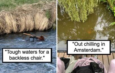 Left: A backless chair is stuck in a fast-flowing stream next to tall grass. Caption reads, "Tough waters for a backless chair." Right: Two people sit on a dock overlooking a calm, greenish pond with leaves and a goldfish. Caption reads, "Out chilling in Amsterdam.