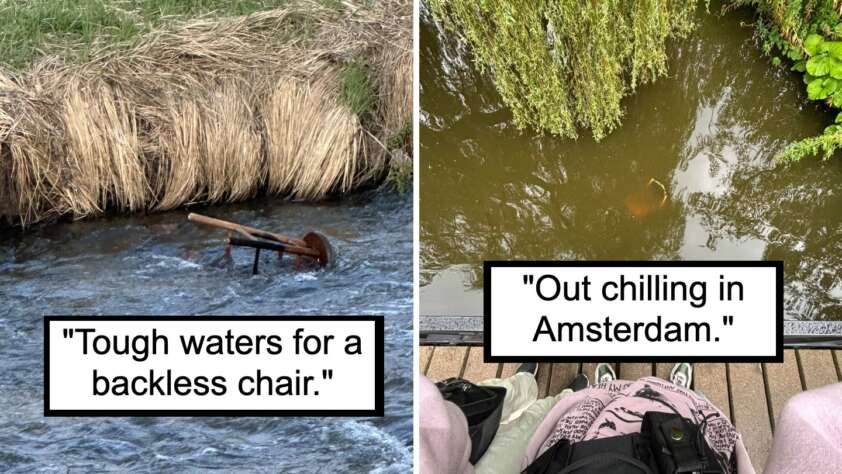 Left: A backless chair is stuck in a fast-flowing stream next to tall grass. Caption reads, "Tough waters for a backless chair." Right: Two people sit on a dock overlooking a calm, greenish pond with leaves and a goldfish. Caption reads, "Out chilling in Amsterdam.