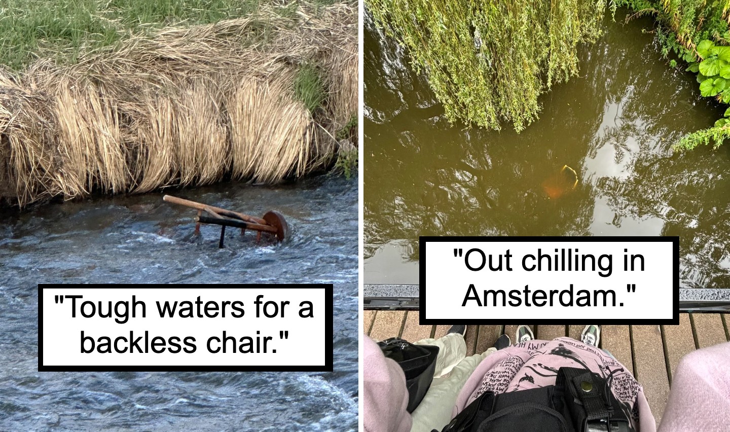 Left: A backless chair is stuck in a fast-flowing stream next to tall grass. Caption reads, "Tough waters for a backless chair." Right: Two people sit on a dock overlooking a calm, greenish pond with leaves and a goldfish. Caption reads, "Out chilling in Amsterdam.