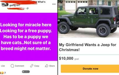 Split image. Left side: A Facebook post with text, "Looking for miracle here, Looking for a free puppy. Has to be a puppy we have cats..Not sure of a breed might not matter." Right side: GoFundMe page titled "My Girlfriend Wants a Jeep for Christmas!" with a $10,000 goal. Image of a green Jeep.