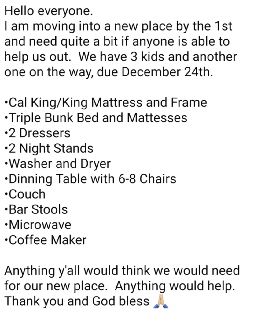 Text image of a message seeking help with furniture and appliances for a move by December 1st. The list includes mattresses, beds, dressers, nightstands, washer, dryer, dining table, chairs, couch, bar stools, microwave, and coffee maker.