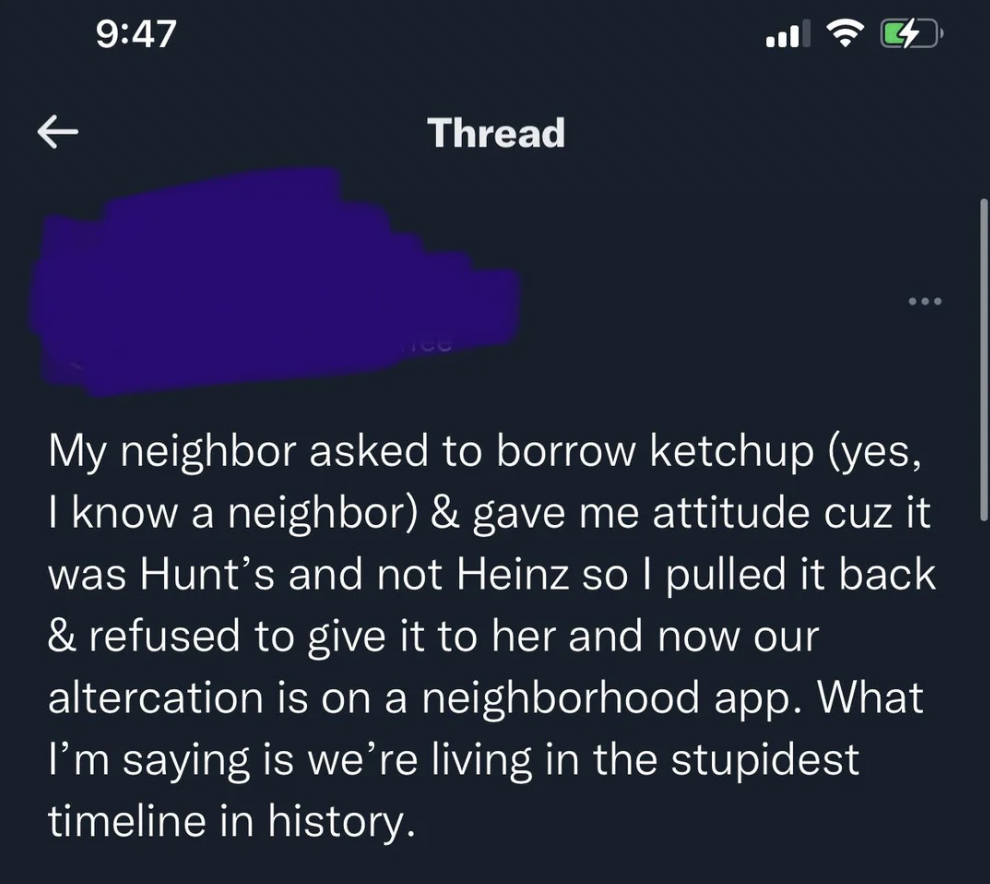 Screenshot of a social media post. The post reads, "My neighbor asked to borrow ketchup (yes, I know a neighbor) & gave me attitude cuz it was Hunt’s and not Heinz so I pulled it back & refused to give it to her and now our altercation is on a neighborhood app. What I’m saying is we’re living in the stupidest timeline in history." The text is written on a black background with the time showing as 9:47 and cell signal, WiFi, and battery percentages visible at the top.