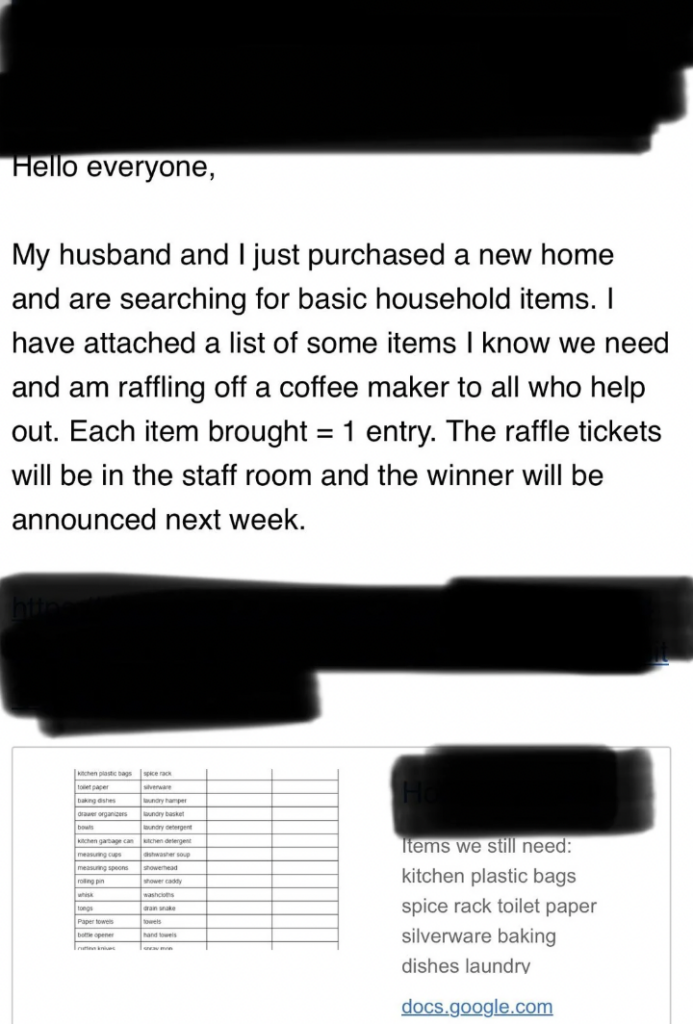An image of a message requesting household items for a new home. The message mentions a raffle for a coffee maker and lists needed items such as kitchen trash bags, toilet paper, and dishware. A blurred-out spreadsheet is partly visible at the bottom.