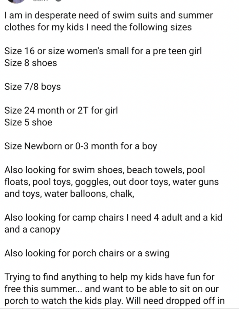 Image showing a message from someone seeking various items, primarily clothing and swim gear for kids: swimsuits, summer clothes, swim shoes, toys, and a canopy. They also request chairs, a porch swing, and aim to make summer enjoyable for their children.
