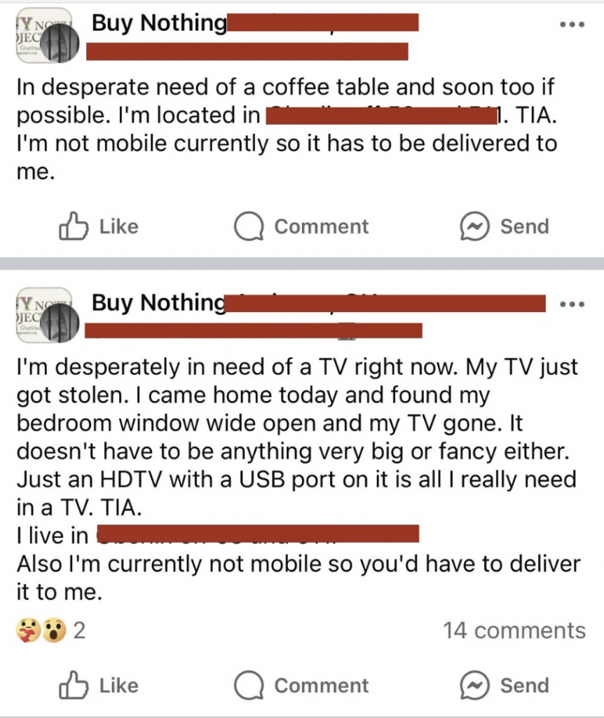 Screenshot of two requests from a "Buy Nothing" community. The first is for a coffee table, mentioning a lack of mobility for pickup. The second is for a TV with USB port after a theft, specifying immobility for delivery. Both posts end with "TIA.
