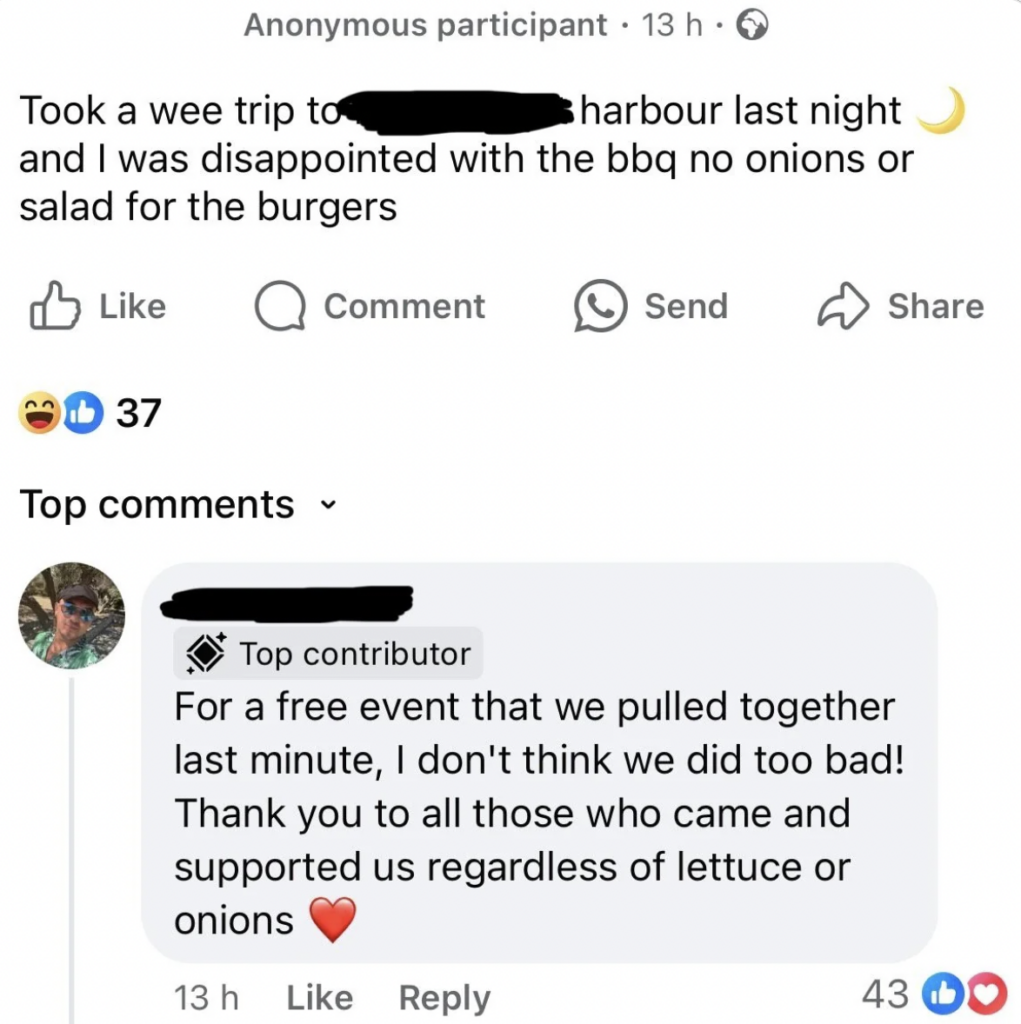 A Facebook post by an anonymous participant mentions a trip to the harbor. They express disappointment about the BBQ having no onions or salad for the burgers. A top comment thanks attendees for supporting the event despite these issues. Post has 37 reactions.