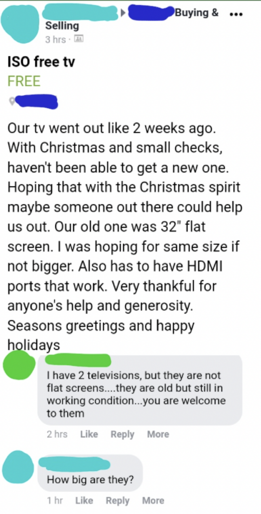 A post in a buying and selling group seeking a free TV. The user explains their TV broke two weeks ago and can't afford a new one due to Christmas expenses. They request a 32-inch or larger TV with HDMI ports. A comment below offers two TVs in working condition.