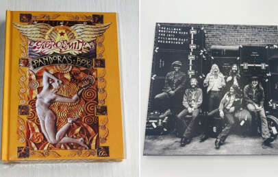 A two-panel image showing Aerosmith's "Pandora's Box" album on the left, featuring ornate artwork with a winged heart and a central nude figure. On the right, a black and white photo of six men posing together in front of large stacked speakers.