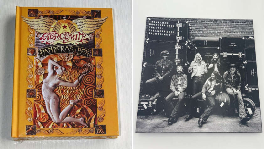 A two-panel image showing Aerosmith's "Pandora's Box" album on the left, featuring ornate artwork with a winged heart and a central nude figure. On the right, a black and white photo of six men posing together in front of large stacked speakers.