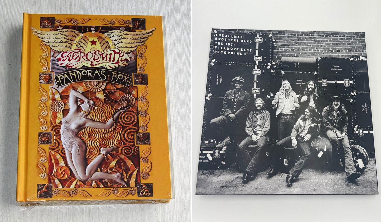 A two-panel image showing Aerosmith's "Pandora's Box" album on the left, featuring ornate artwork with a winged heart and a central nude figure. On the right, a black and white photo of six men posing together in front of large stacked speakers.