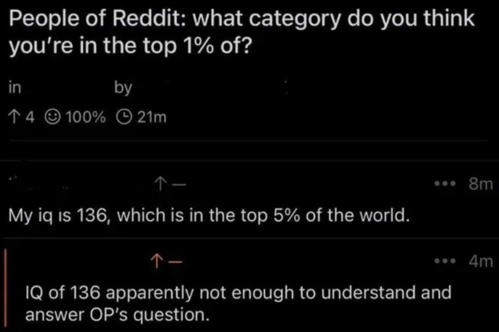 A Reddit post title reads, "People of Reddit: what category do you think you're in the top 1% of?" The top comment says, "My IQ is 136, which is in the top 5% of the world." Below, another comment reads, "IQ of 136 apparently not enough to understand and answer OP's question.