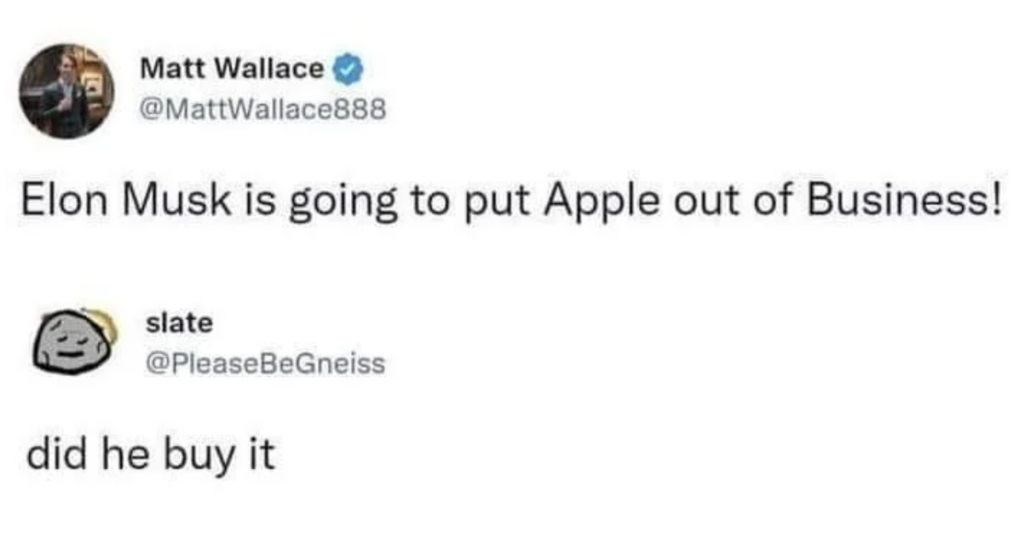 A tweet from Matt Wallace stating, "Elon Musk is going to put Apple out of Business!" Below it, another user, slate, responds with, "did he buy it" and an emoji of a rock with a face.