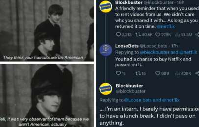 A humorous meme featuring an exchange on Twitter between Blockbuster and Netflix about un-American hairstyles. Blockbuster jokes about not caring who rented their videos, Netflix missed buying Blockbuster, and an intern from Blockbuster making light-hearted comments.