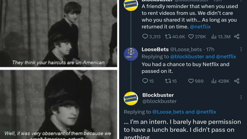 A humorous meme featuring an exchange on Twitter between Blockbuster and Netflix about un-American hairstyles. Blockbuster jokes about not caring who rented their videos, Netflix missed buying Blockbuster, and an intern from Blockbuster making light-hearted comments.