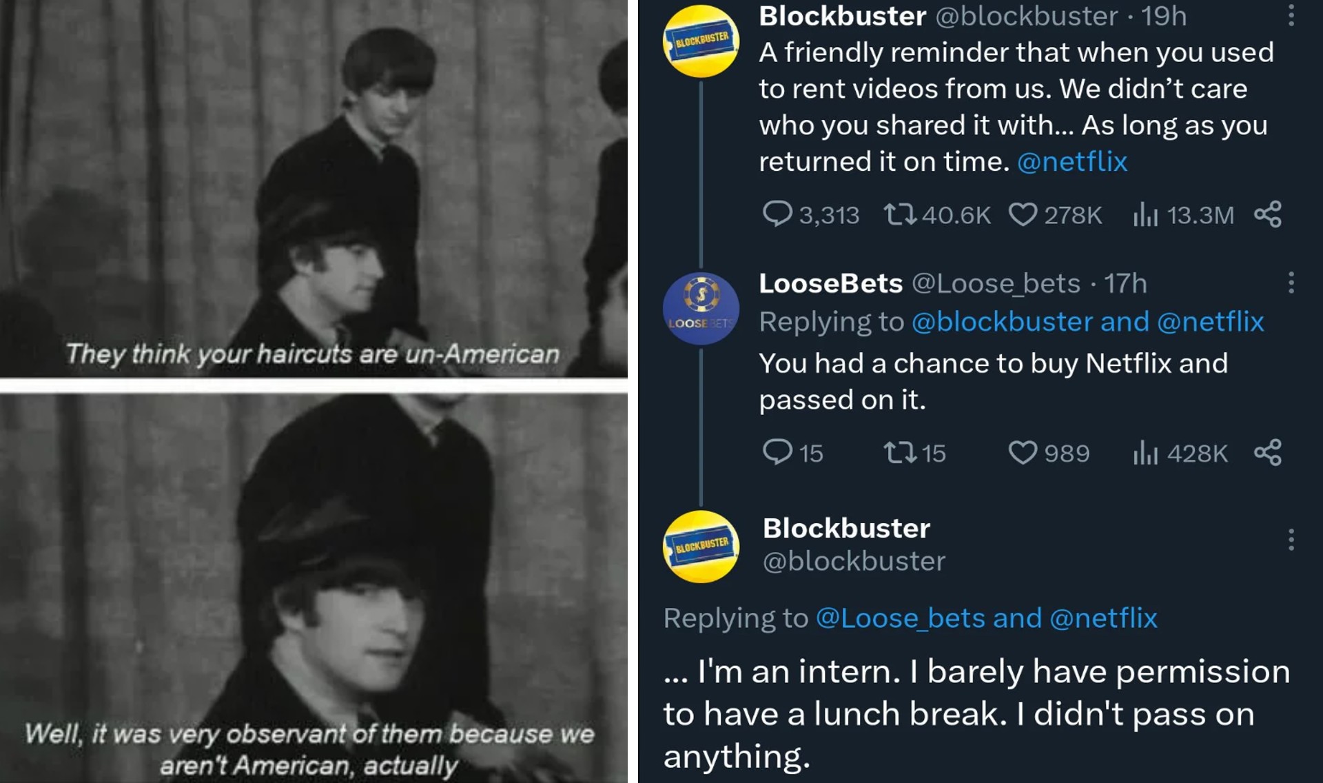 A humorous meme featuring an exchange on Twitter between Blockbuster and Netflix about un-American hairstyles. Blockbuster jokes about not caring who rented their videos, Netflix missed buying Blockbuster, and an intern from Blockbuster making light-hearted comments.