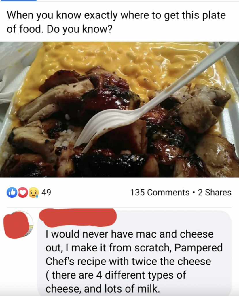 A social media post showing a tray of food with mac and cheese and pieces of grilled meat. The caption reads, "When you know exactly where to get this plate of food. Do you know?" A comment below discusses a homemade mac and cheese recipe.