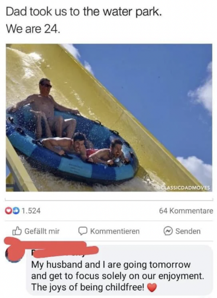 A father and two adult children ride an inflatable tube down a water slide. The caption above the image reads, "Dad took us to the water park. We are 24." Below the image is a Facebook comment from a woman about enjoying the water park with her husband.