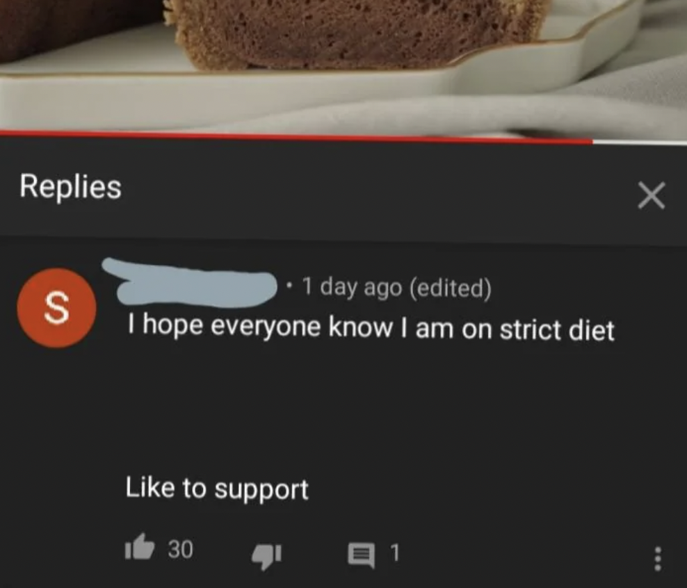 A YouTube comment reads: "I hope everyone know I am on strict diet" followed by "Like to support." The comment has 30 likes and one reply. The profile name is partially obscured. The top portion of the image shows slices of cake.