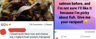 Left side: Close-up of a meal featuring macaroni and cheese next to pieces of barbecue chicken with a fork inserted into the chicken. Right side: Screenshot of a social media post asking for salmon recipes with a comment clarifying salmon is from rivers.
