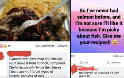 Left side: Close-up of a meal featuring macaroni and cheese next to pieces of barbecue chicken with a fork inserted into the chicken. Right side: Screenshot of a social media post asking for salmon recipes with a comment clarifying salmon is from rivers.