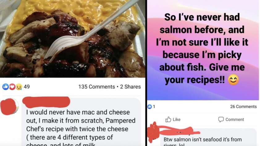 Left side: Close-up of a meal featuring macaroni and cheese next to pieces of barbecue chicken with a fork inserted into the chicken. Right side: Screenshot of a social media post asking for salmon recipes with a comment clarifying salmon is from rivers.