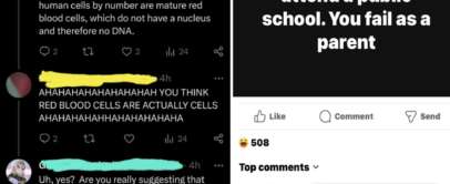 An image compilation of two social media posts. On the left, users discuss whether red blood cells are actual cells. Highlighted sections show incredulity and laughter. On the right, a post states, "If your children attend a public school. You failed as a parent," followed by comments.