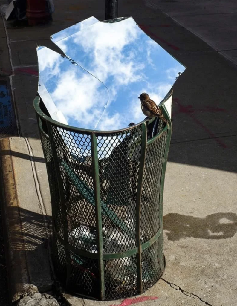 A metal trash can holds a large, broken mirror reflecting a bright blue sky with scattered clouds. A small bird perches on the rim of the trash can, contrasting with the urban sidewalk and surroundings.