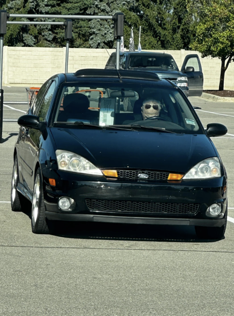 A black car with a dog in sunglasses sitting in the driver's seat. The car is parked in a lot, with another vehicle and a shopping cart visible in the background. Trees and a white wall are also in the background on a sunny day.