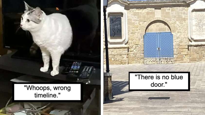 Left image: A cat stands on an entertainment center among various electronic devices. A caption underneath reads, "Whoops, wrong timeline." Right image: A stone building with a closed blue door. A caption under the image reads, "There is no blue door.