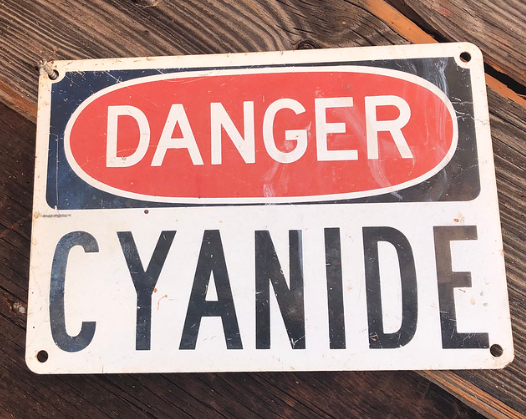 A warning sign with "DANGER" in white text on a red oval, above "CYANIDE" in large black letters, mounted on a weathered wooden surface.