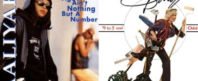 Split image of two album covers. Left: Individual in dark sunglasses and hat, text reads "Age Ain't Nothing But a Number." Right: Person in a business outfit juggling office supplies and a briefcase, text includes "9 to 5" and "Odd.