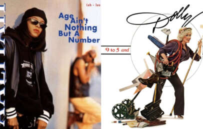 Split image of two album covers. Left: Individual in dark sunglasses and hat, text reads "Age Ain't Nothing But a Number." Right: Person in a business outfit juggling office supplies and a briefcase, text includes "9 to 5" and "Odd.