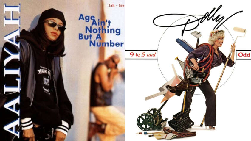 Split image of two album covers. Left: Individual in dark sunglasses and hat, text reads "Age Ain't Nothing But a Number." Right: Person in a business outfit juggling office supplies and a briefcase, text includes "9 to 5" and "Odd.