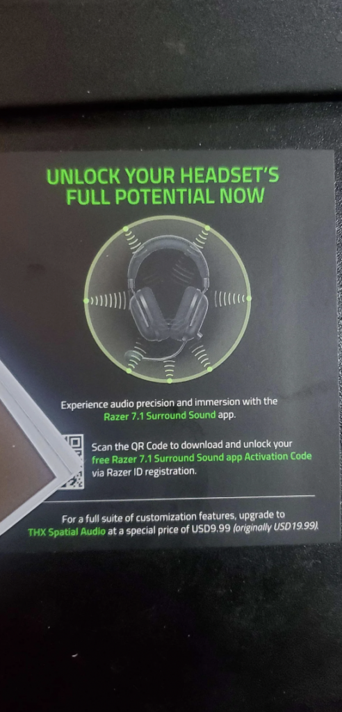 Promotional image for unlocking enhanced capabilities of a Razer headset with Razer 7.1 Surround Sound software. It includes instructions to scan a QR code to download the app and activate the software. An upgrade to THX Spatial Audio is also offered at a discounted price.