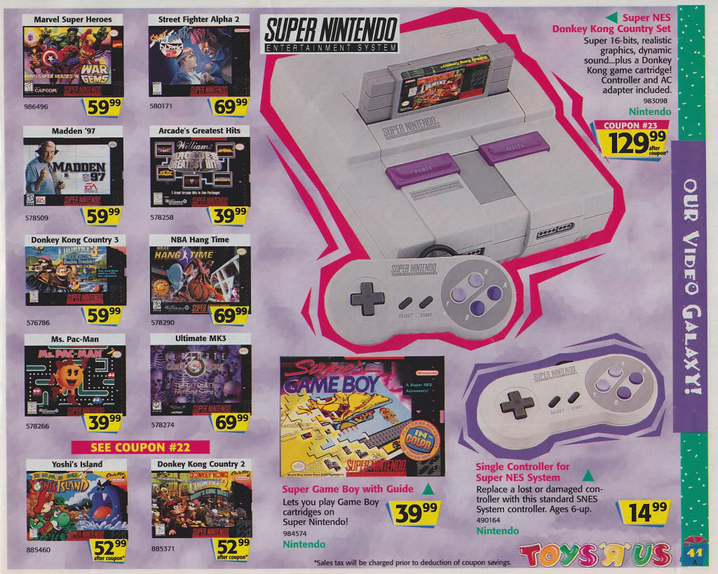 A colorful Toys R Us advertisement showcases Super Nintendo and Game Boy consoles, along with various video games. The top right displays a Super NES system with Donkey Kong Country for $129.99. Surrounding it are images of popular games with prices, highlighting deals.