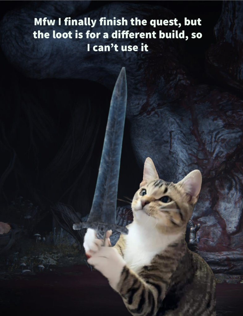 A cat holding a sword stands in a dark, cave-like setting. The text above reads, "Mfw I finally finish the quest, but the loot is for a different build, so I can't use it." The cat has a determined expression—a classic scene straight out of Elden Ring memes.