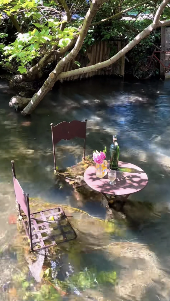 A whimsical outdoor setting features a small round table and two chairs partially submerged in a shallow stream. On the table are a green glass bottle, a small vase with pink flowers, and a glass. Overhanging branches provide dappled shade.