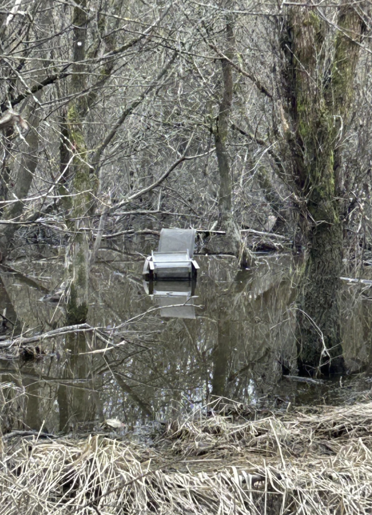 A gray metal chair is partially submerged in muddy water among leafless, tangled trees. The surrounding area is wet, with tree trunks and vegetation visible, indicating a marshy or flooded environment.