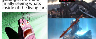A three-panel meme. Top left: Text reads "getting the dlc and finally seeing whats inside of the living jars." Image of a cartoon character screaming "My eyes!" Top right: Scene from Elden Ring with "YOU DIED" overlay. Bottom right: In-game character with text overlay.
