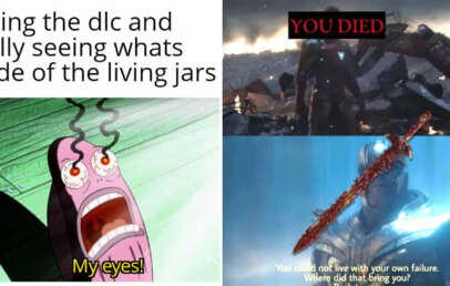 A three-panel meme. Top left: Text reads "getting the dlc and finally seeing whats inside of the living jars." Image of a cartoon character screaming "My eyes!" Top right: Scene from Elden Ring with "YOU DIED" overlay. Bottom right: In-game character with text overlay.