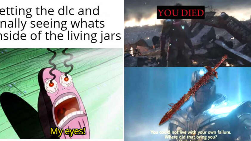 A three-panel meme. Top left: Text reads "getting the dlc and finally seeing whats inside of the living jars." Image of a cartoon character screaming "My eyes!" Top right: Scene from Elden Ring with "YOU DIED" overlay. Bottom right: In-game character with text overlay.