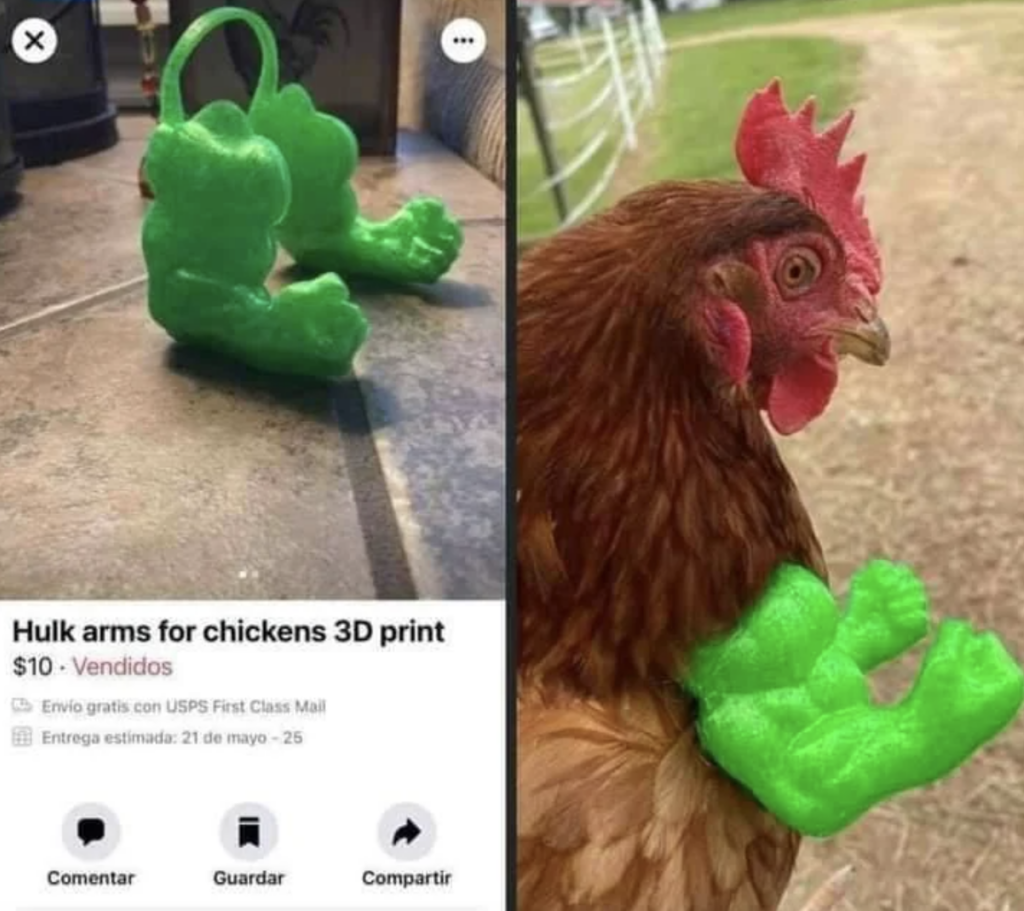 A split-image showing a 3D-printed green "Hulk arms" accessory for chickens on the left, and a brown chicken wearing the 3D-printed Hulk arms on the right. The product listing indicates the item costs $10 and includes free shipping via USPS First Class Mail.