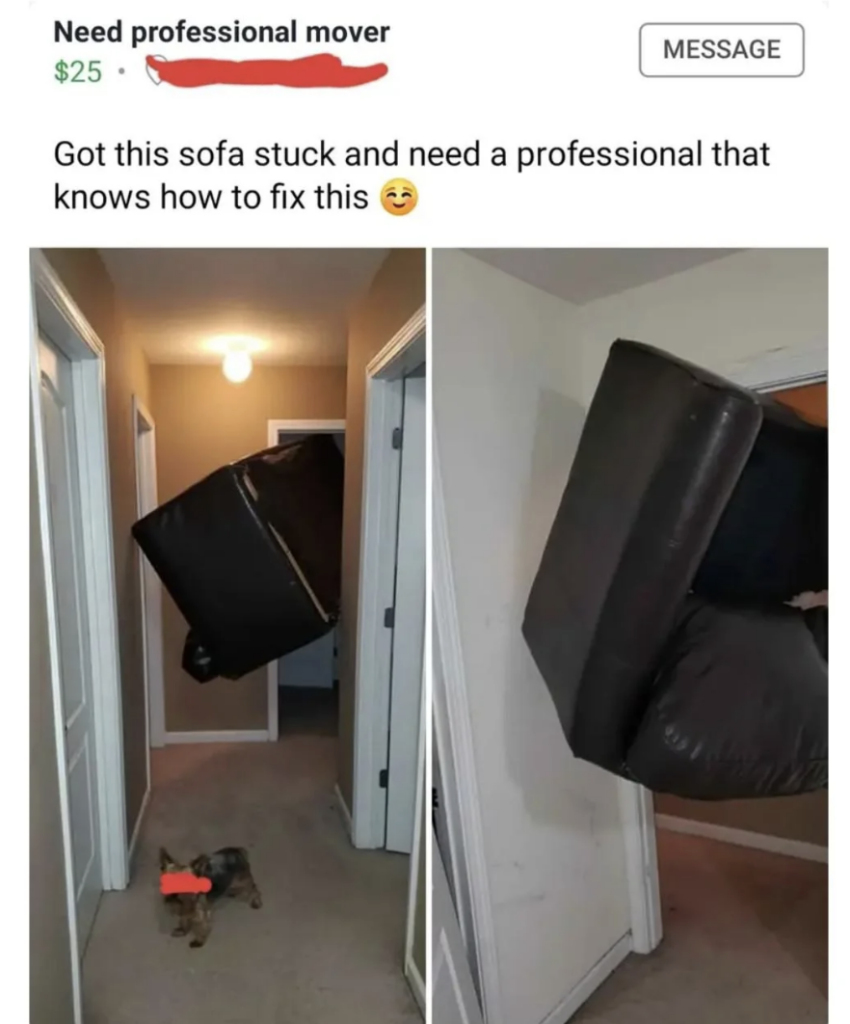 Two side-by-side images show a black sofa jammed in a narrow hallway, stuck between the walls. A small dog with a red tag stands in the hallway looking at the sofa. The text above reads: "Need professional mover $25. Got this sofa stuck and need a professional that knows how to fix this.